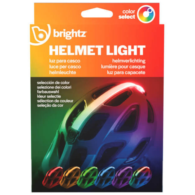 Contenido del pack de luz multicolor para casco Brightz: tira LED RGB, adhesivo y pilas incluidas
