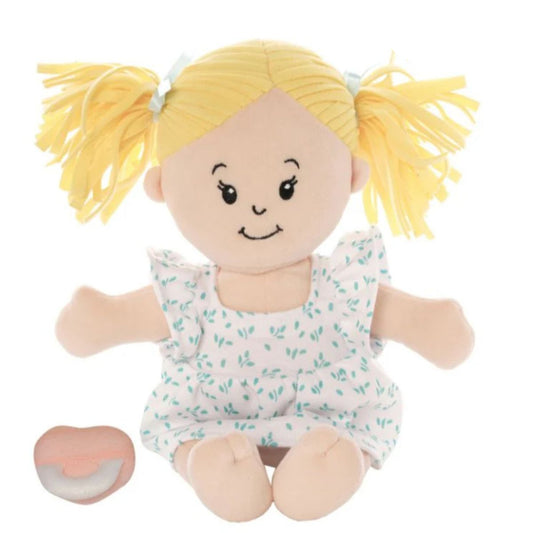 muñeca de tela Peach Love Stella con coletas rubias y vestido floral Manhattan Toy
