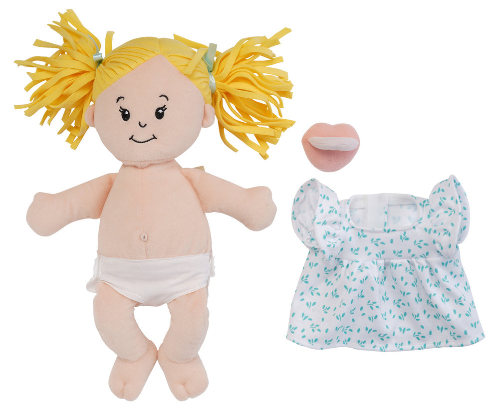 set muñeca Peach Love Stella con coletas rubias vestido y pañal Manhattan Toy
