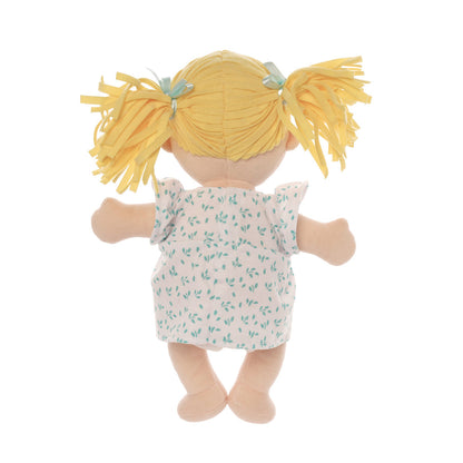vista trasera del set muñeca Peach Love Stella con coletas rubias vestido y pañal Manhattan Toy
