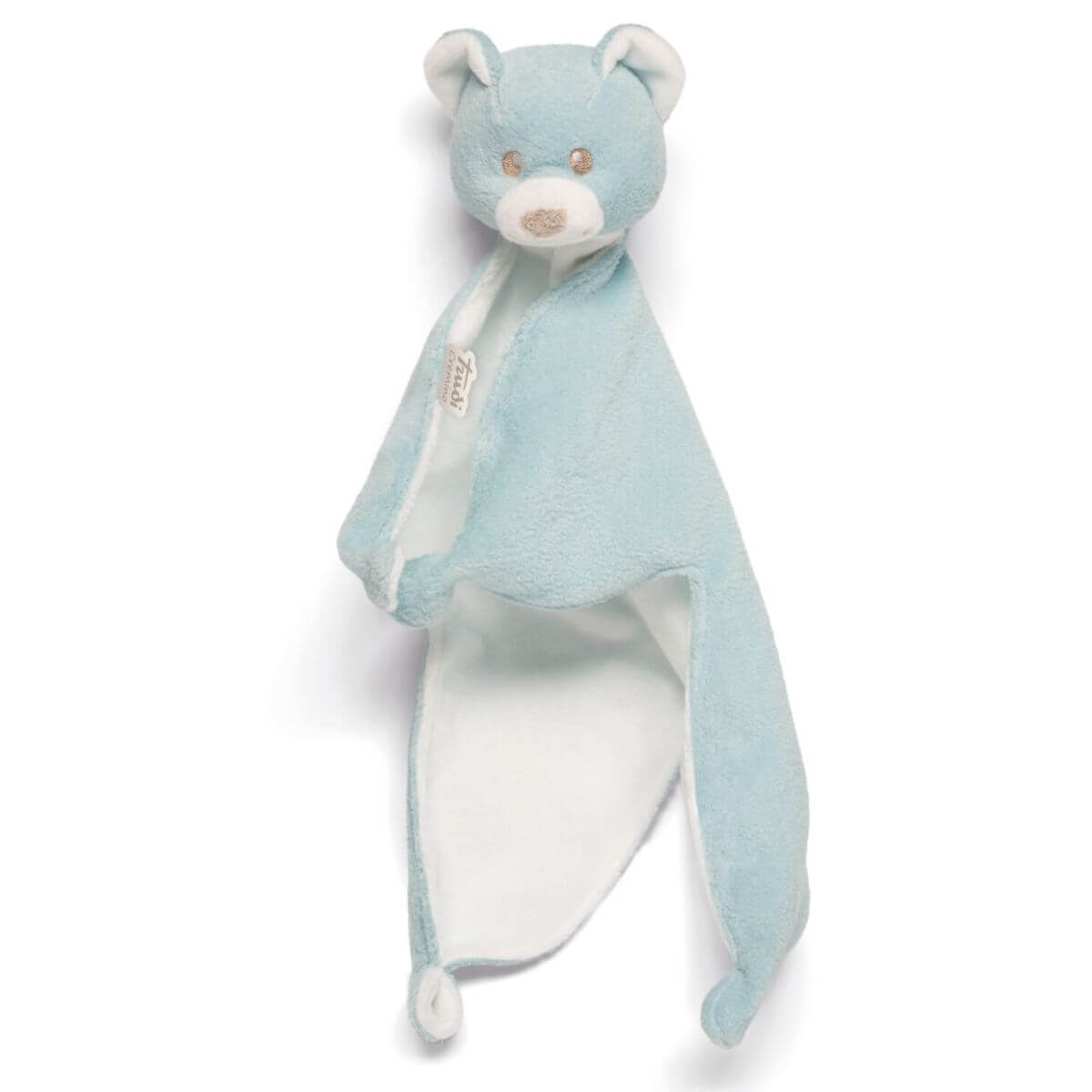 Detalle de la cabeza bordada del oso doudou Trudi en color azul
