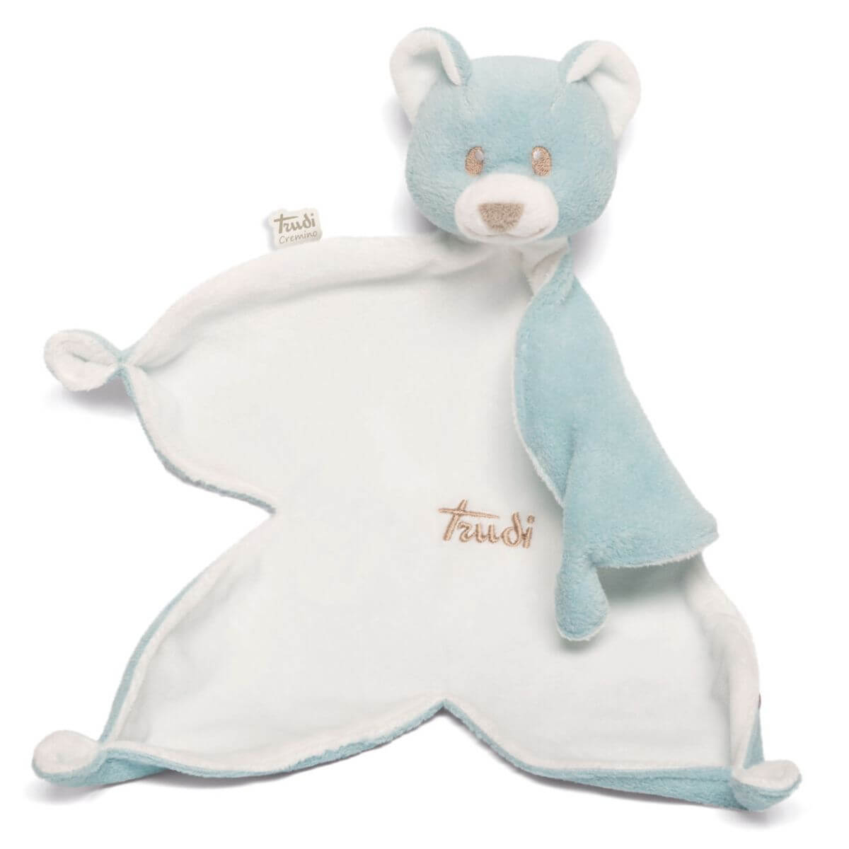 Doudou oso Trudi azul con manta extendida y cabeza tridimensional