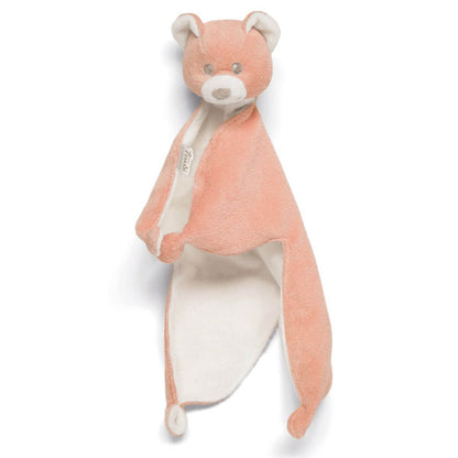 Detalle de la cabeza bordada del oso doudou Trudi en color rosa