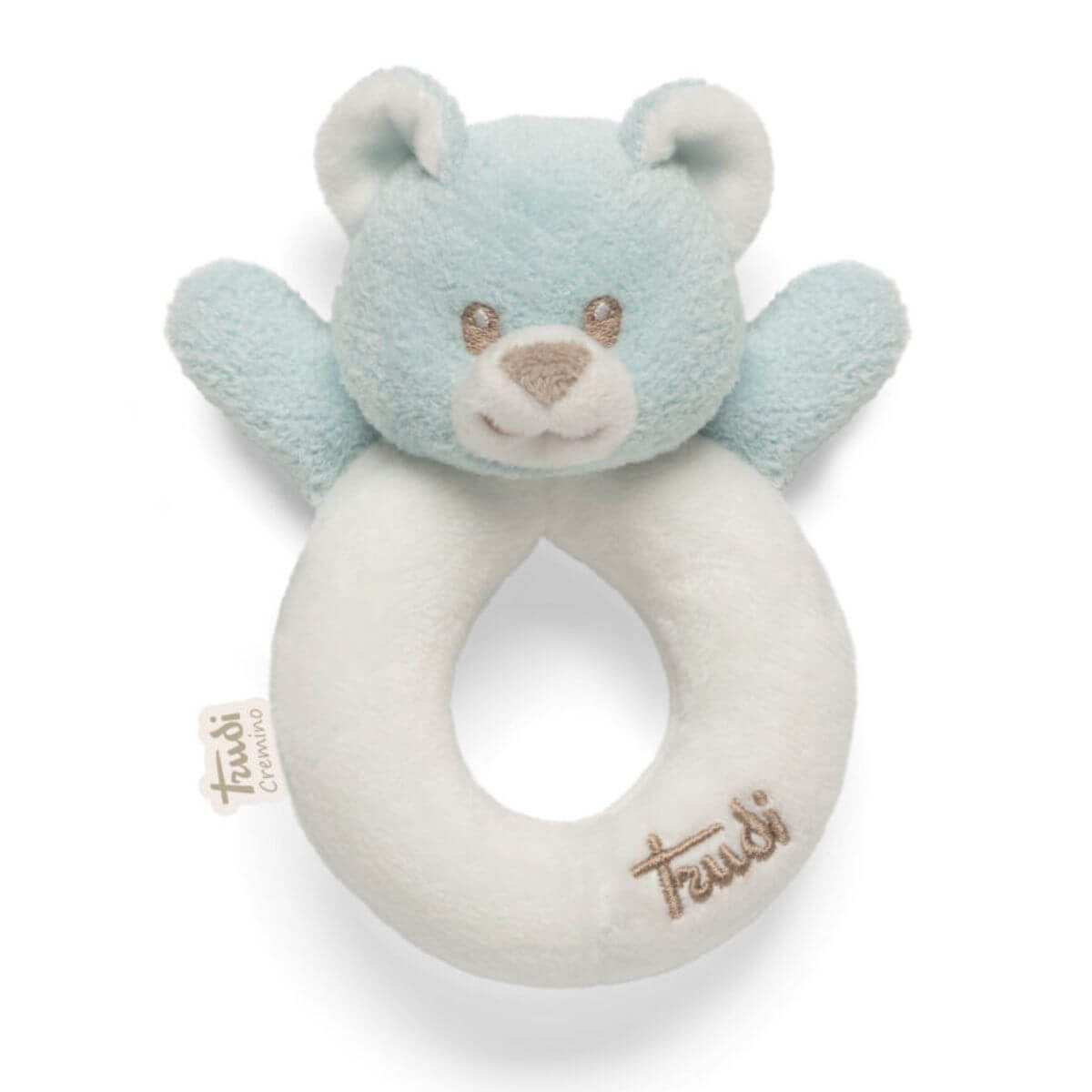 Sonajero de peluche oso azul con aro para bebé de la marca italiana Trudi