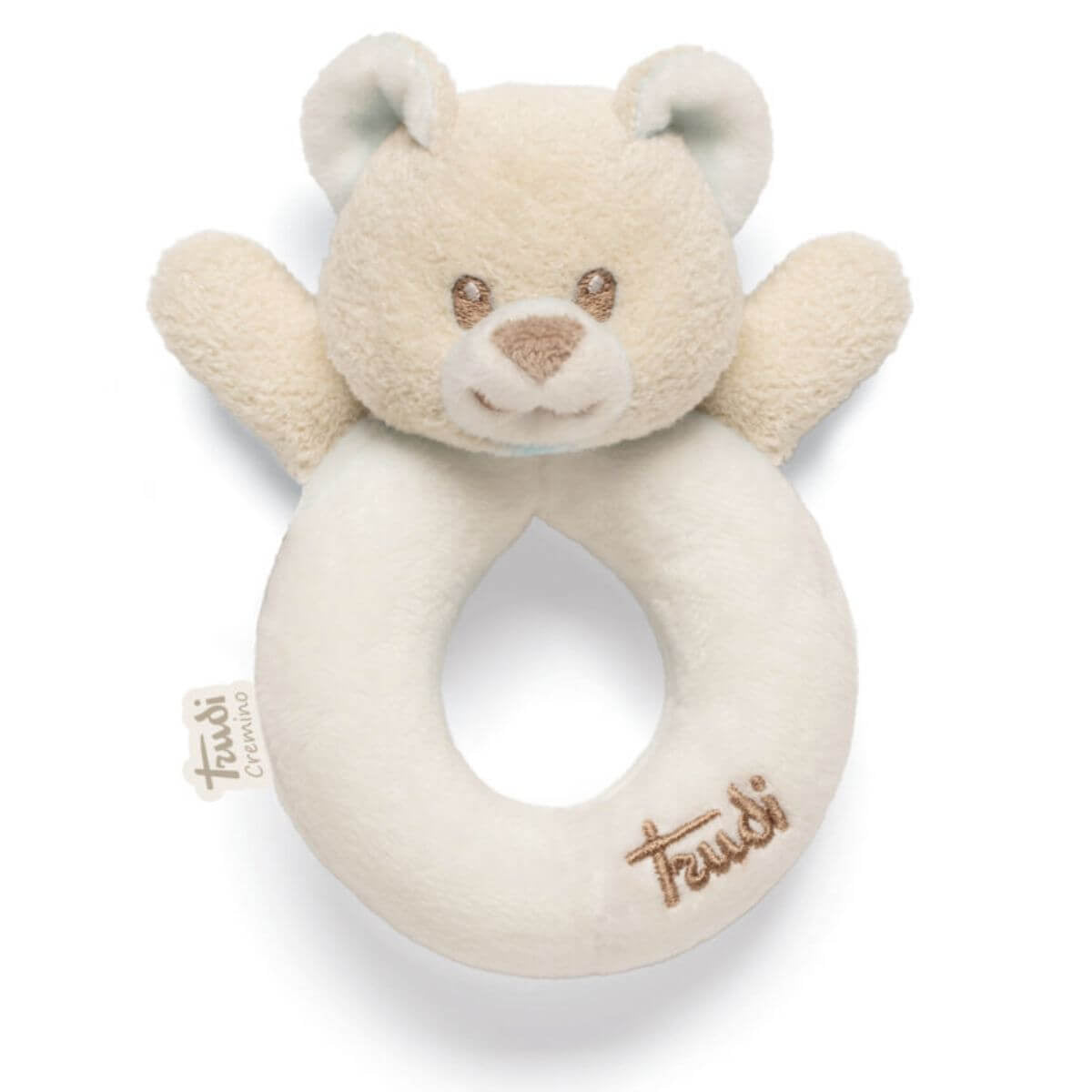Sonajero de peluche oso marfil con aro para bebé de la marca Trudi