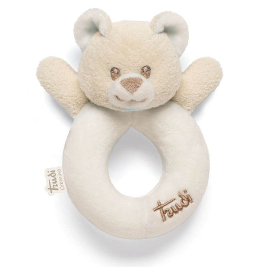 Sonajero de peluche oso marfil con aro para bebé de la marca Trudi