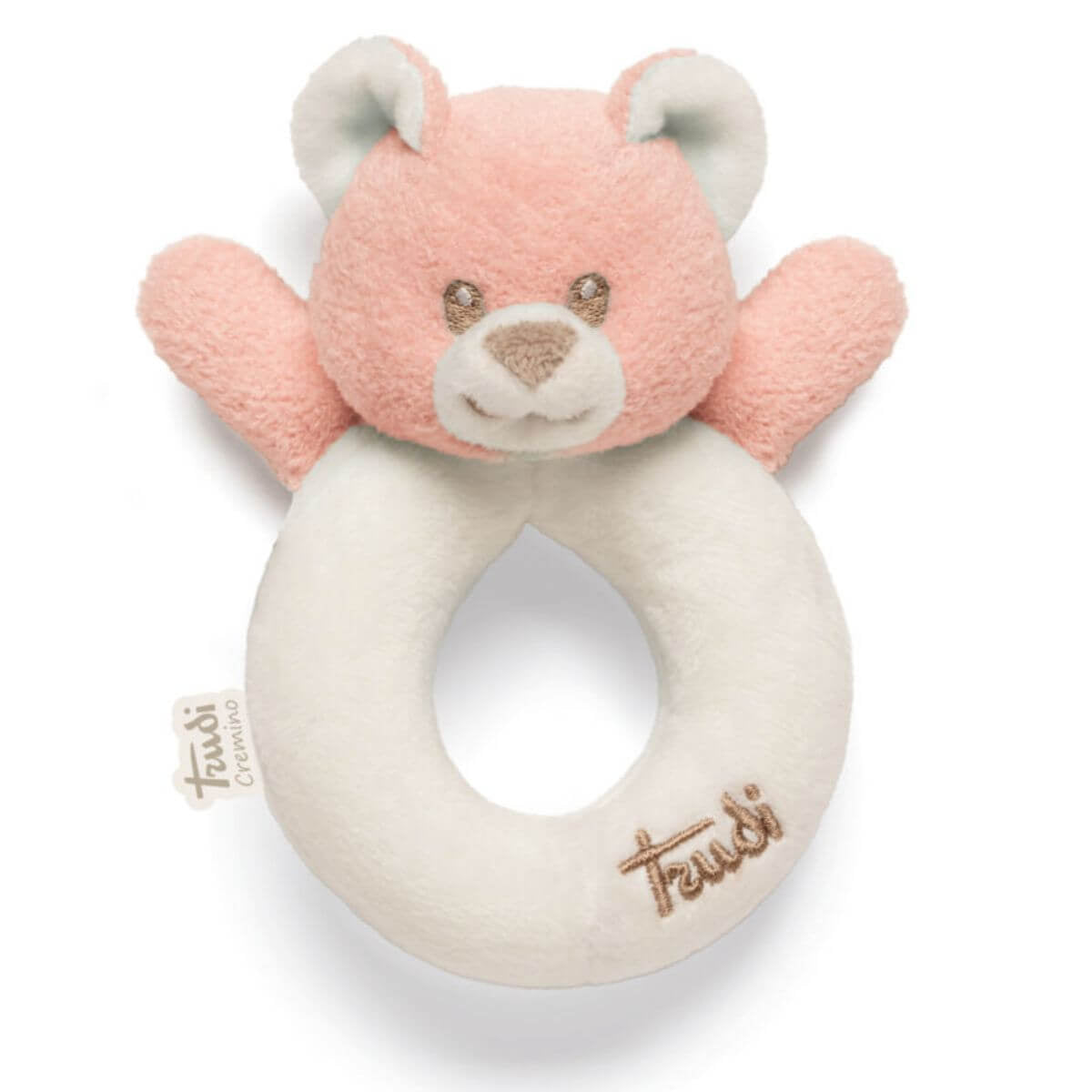 Sonajero de peluche oso rosa con aro para bebé de la marca italiana Trudi