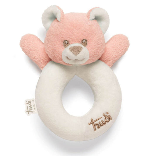 Sonajero de peluche oso rosa con aro para bebé de la marca italiana Trudi