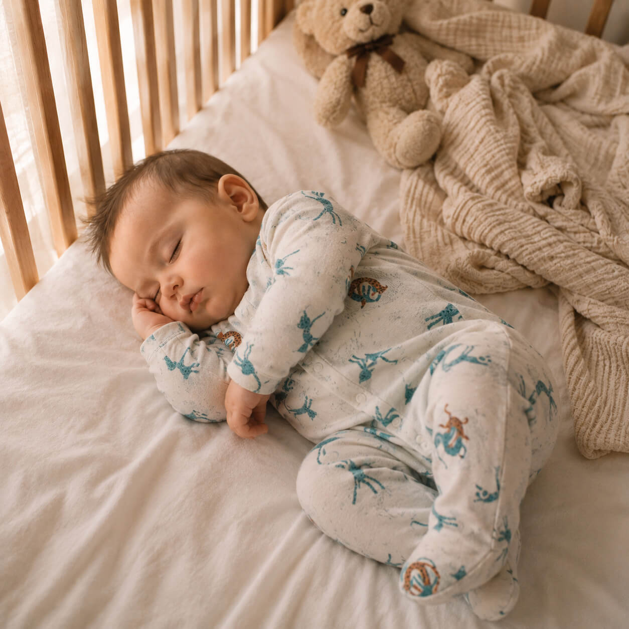 bebé durmiendo con pijama de algodón para bebés blanco con guepardos de Moulin Roty
