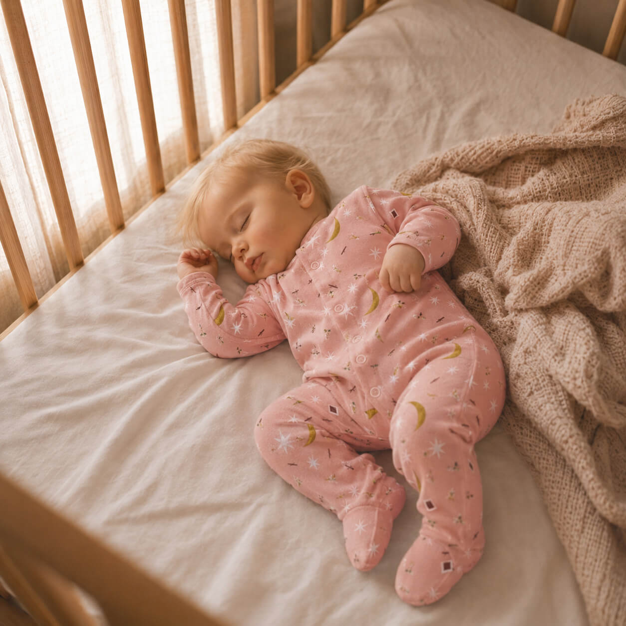 bebé durmiendo con pijama de algodón para bebés de color rosa con estrellas de Moulin Roty
