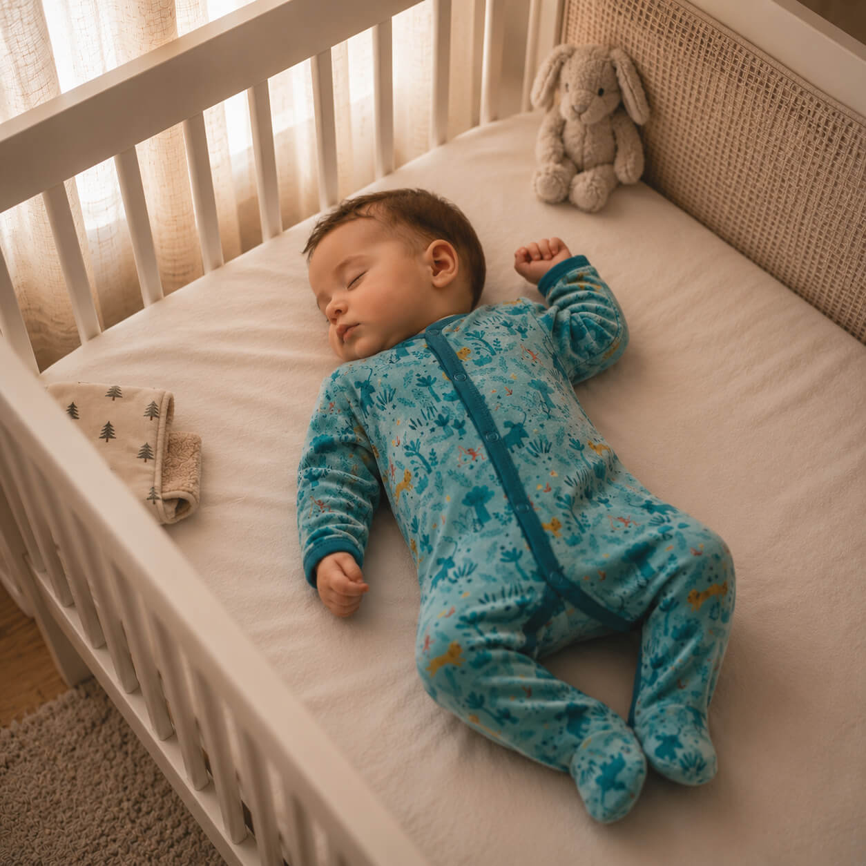 bebé durmiendo con Pijama de terciopelo para bebé Baobab Moulin Roty, azul con estampado de selva