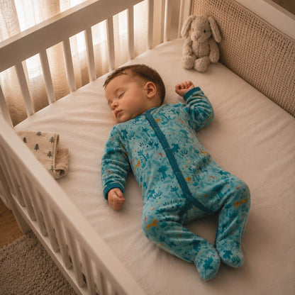 bebé durmiendo con Pijama de terciopelo para bebé Baobab Moulin Roty, azul con estampado de selva