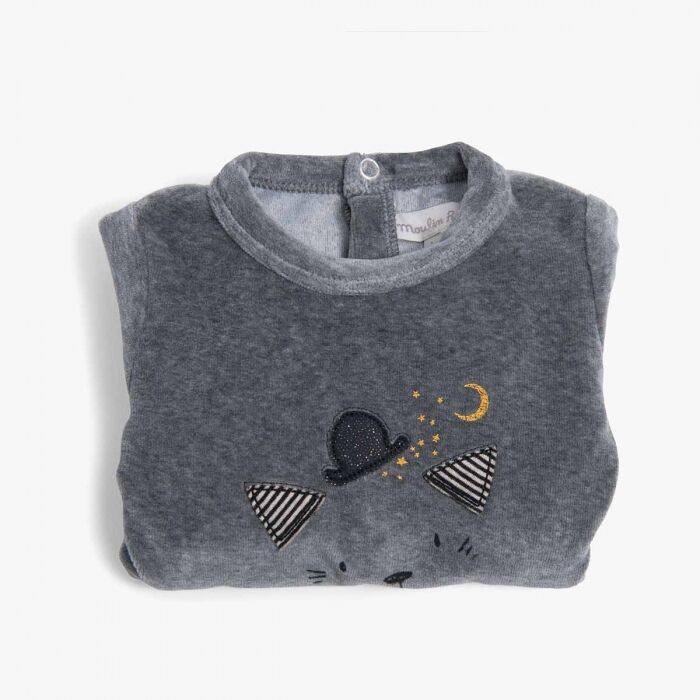 Pijama de terciopelo gris Moulin Roty con pies integrados y apertura trasera
