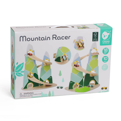 caja de la rampa de carreras Mountain Race Classic World con tres coches de madera incluidos