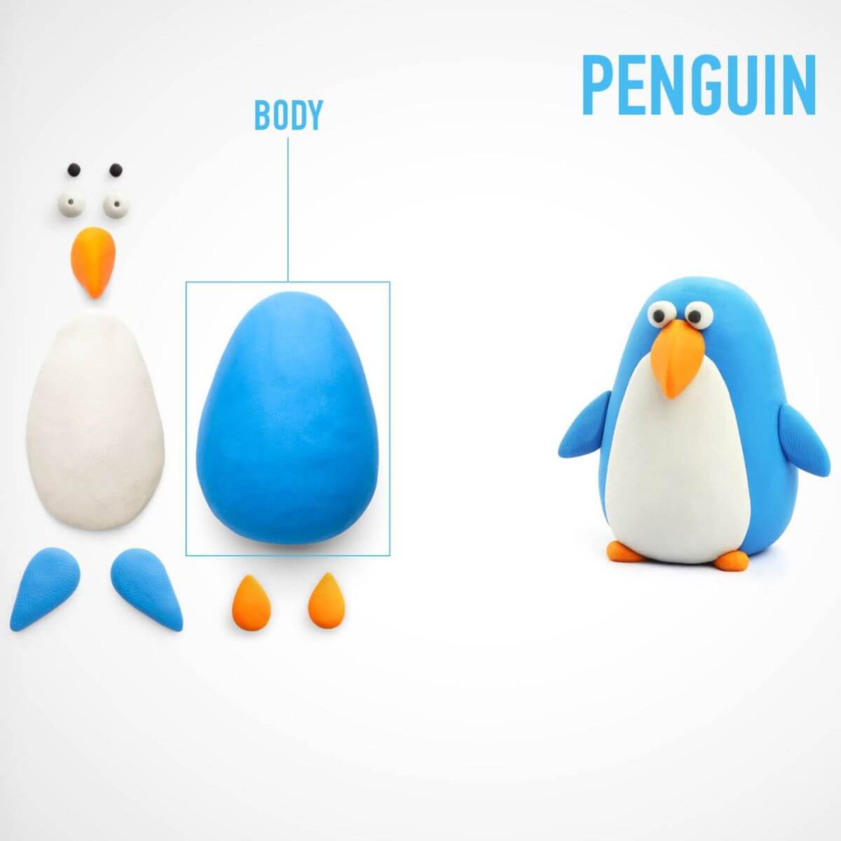 app vídeo-tutorial paso a paso para crear figura de plastilina pingüino hey clay