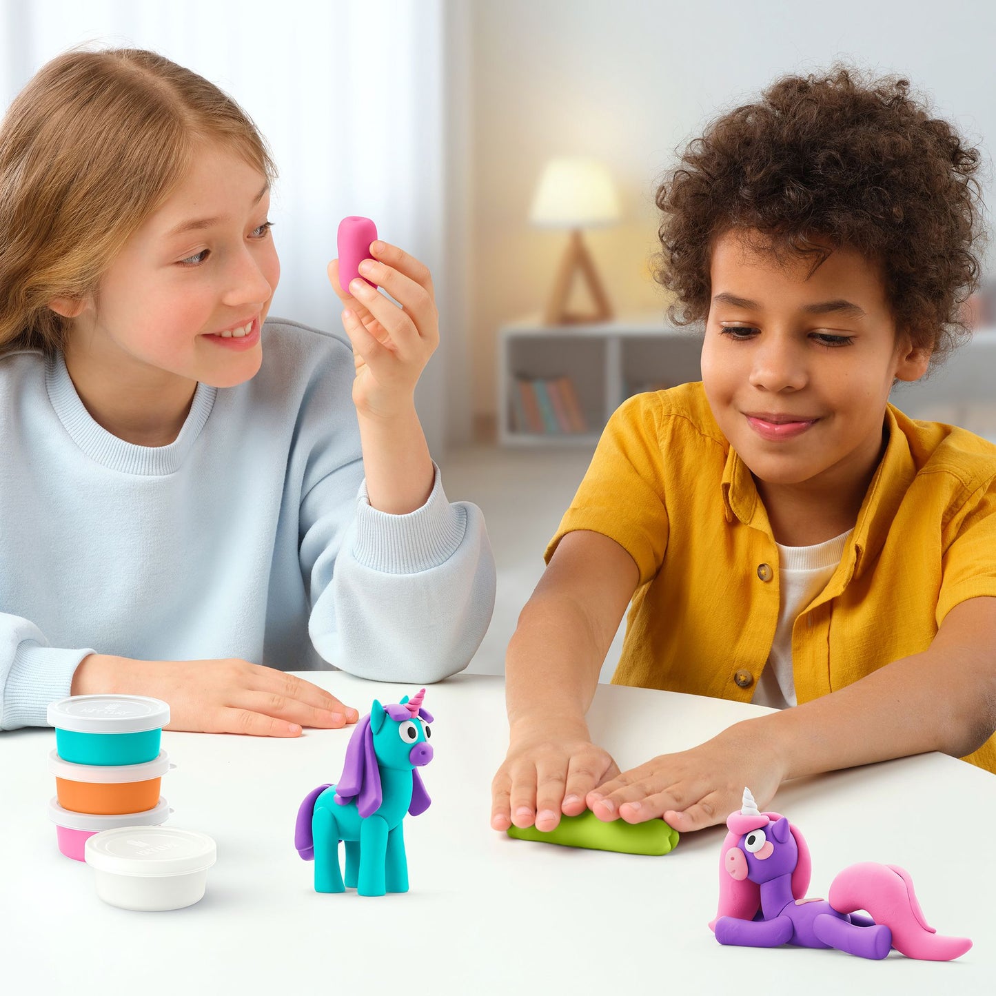 niños modelando plastilina Hey Clay unicornio Sunny con app en tableta