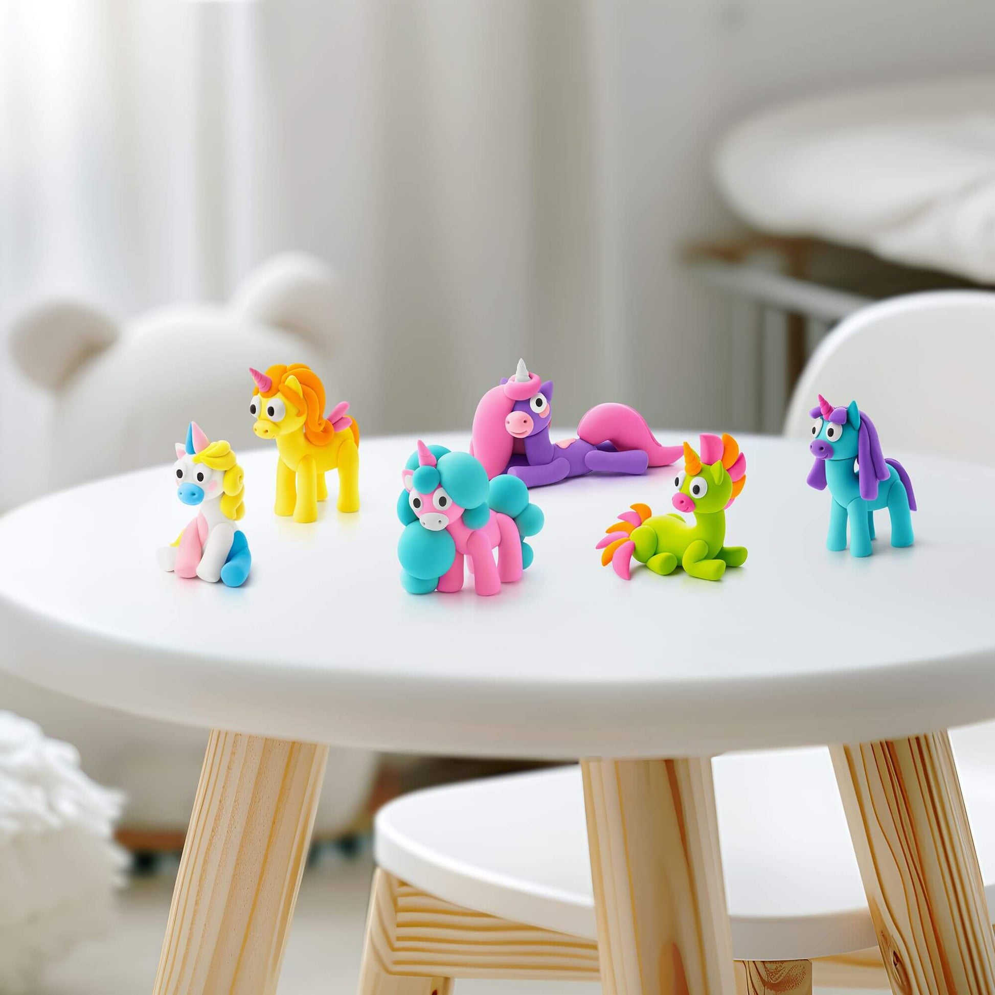 conjunto de figuras de unicornios terminadas y secas con plastilina Hey Clay