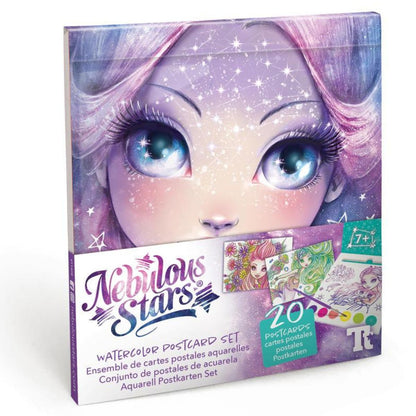 Set de postales de acuarela Nebulous Stars Personajes, vista frontal de la caja