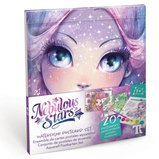 Set de postales de acuarela Nebulous Stars Personajes, vista frontal de la caja
