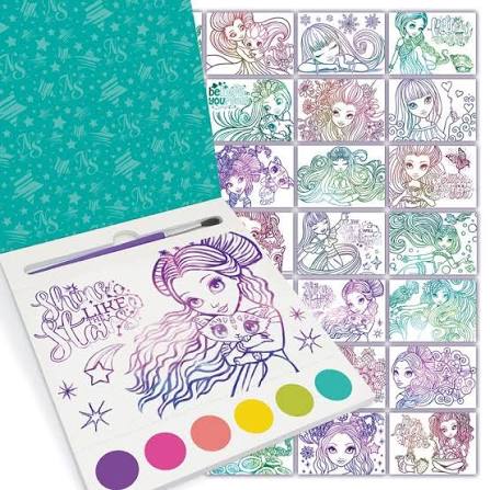 Postal de acuarela Nebulous Stars con personaje femenino a medio pintar y puntos de color integrados