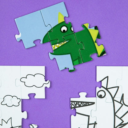 detalle de piezas a color y en blanco y negro del Puzzle 2 en 1 para colorear Peppa Pig Banquete real 