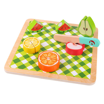 juego de frutas de madera encajables con cuchillo para peques
