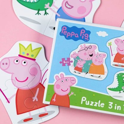 Detalle de la caja del Puzzle evolutivo 3 en 1 Peppa Pig Familia de Dodo para niños a partir de 2 años