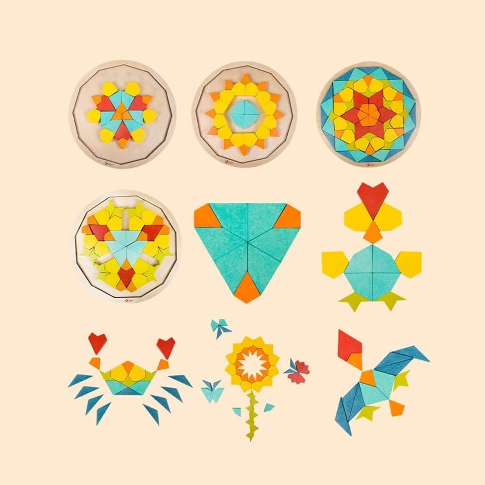 Ejemplos de mandalas creados con el Puzzle Mandala de madera de Classic World para niños a partir de los 3 años