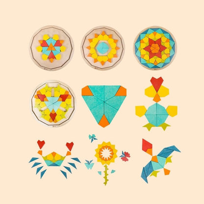 Ejemplos de mandalas creados con el Puzzle Mandala de madera de Classic World para niños a partir de los 3 años