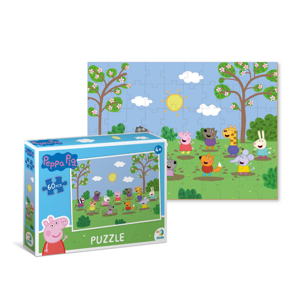 Caja y puzzle Peppa Pig Amigos saltando en el barro de 60 piezas para niños a partir de 4 años
