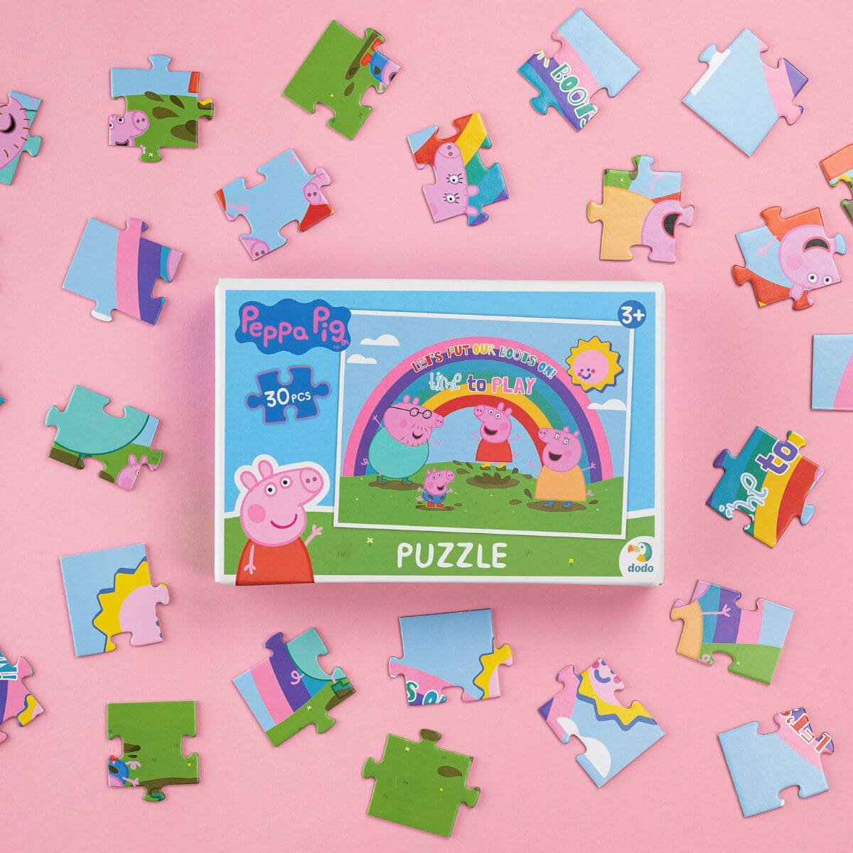 Caja y piezas del divertido Puzzle Peppa Pig Arcoíris (30 piezas) de Dodo para niños y niñas a partir de 3 años