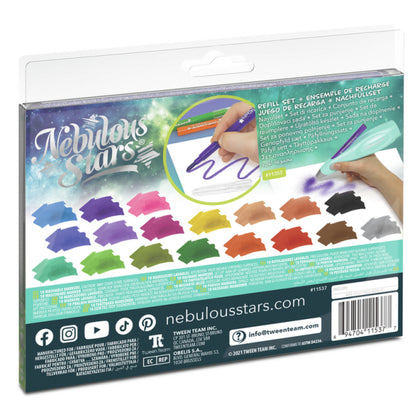 Reverso del packaging del set de rotuladores Nebulous Stars mostrando los colores disponibles