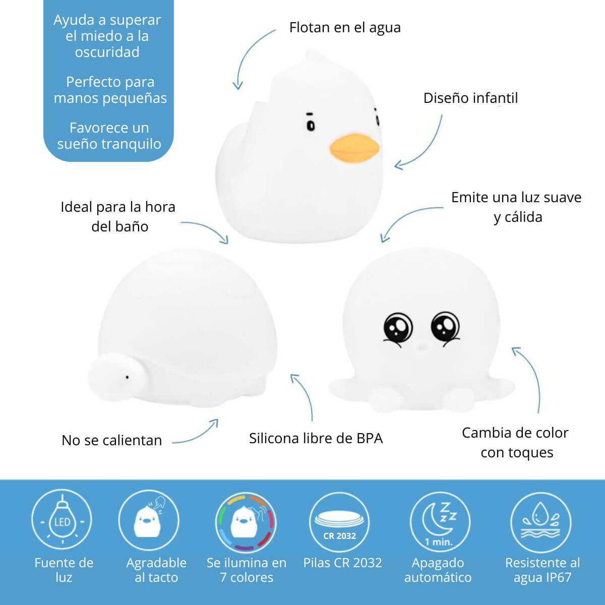 Mini lámparas de agua — Tortuga, Pulpo y Pato