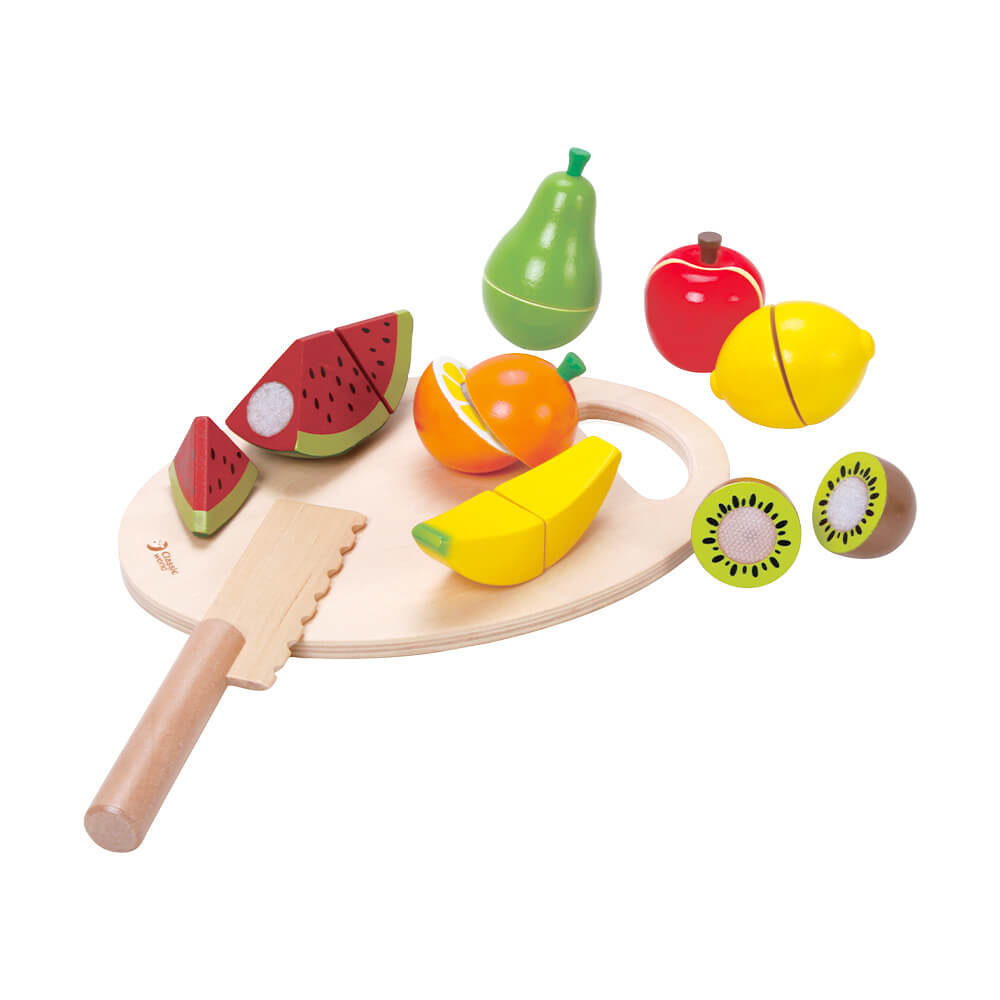set de cortar frutas de madera Classic World con tabla cuchillo y siete frutas