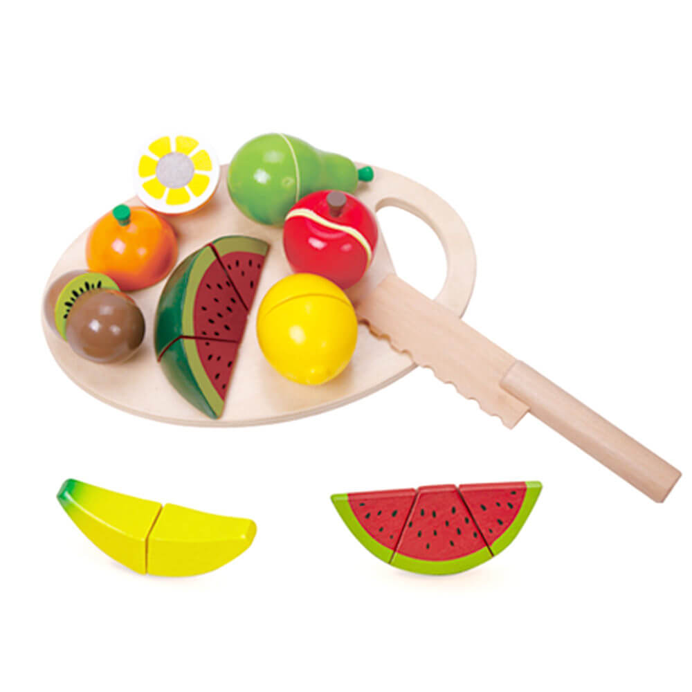 tabla de cortar de madera con fruta del set de cocina Classic World