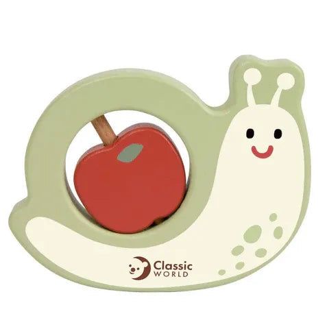 Classic World wooden snail rattle with red apple in shell, baby toy for sensory development
