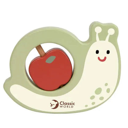 Classic World wooden snail rattle with red apple in shell, baby toy for sensory development