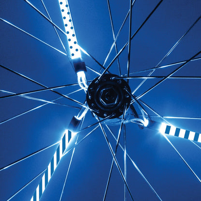 Detalle de los 3 tubos LED Brightz azul con diseño de rayas y puntos