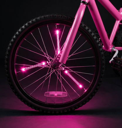 Detalle de los 3 tubos LED Brightz rosa para radio de bicicleta con diseño de rayas y puntos
