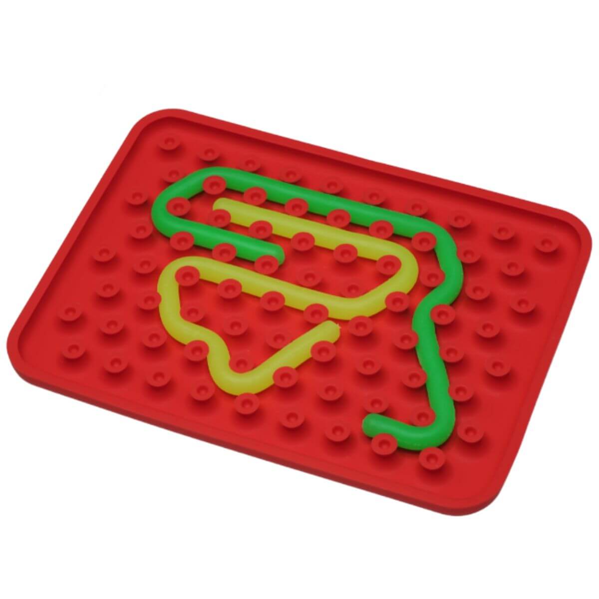 Juego sensorial de silicona Wiggly Toy rojo con dos tiras encajadas formando una figura, vista frontal