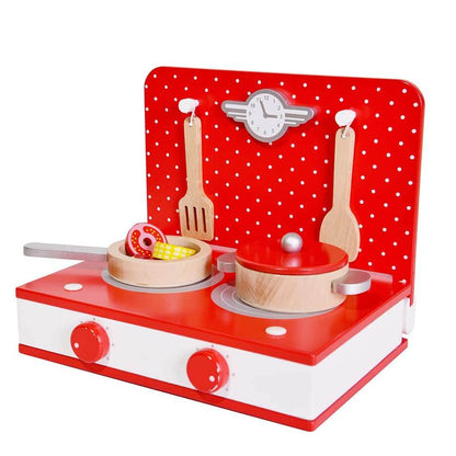 cocina de sobremesa retro de madera roja y blanca Classic World con utensilios