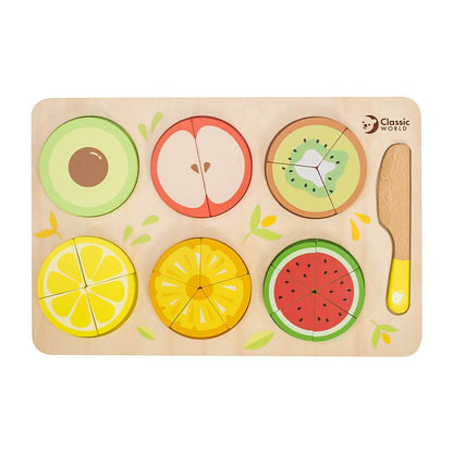 Detalle del Puzzle encajable de frutas con fracciones de madera de Classic World